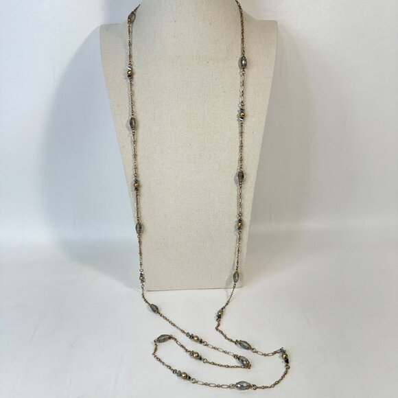 Long Faceted Glass Bead Station Necklace Gold Tone Layering Piece - Picture 1 of 9